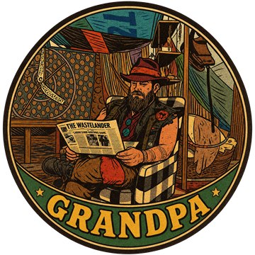 Grandpa's badge: an illustration of a bearded man in a red-banded hat reading The Wastelander newspaper in a plaid armchair.